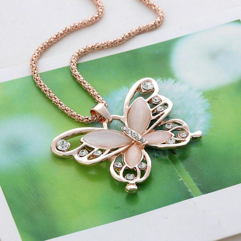 Rose Gold Acrylic Crystal Butterfly Pendant Necklace