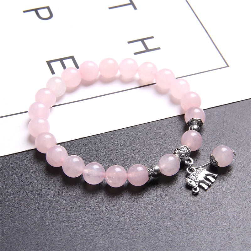 Pink Quartz Bead Elephant Charm Bracelet
