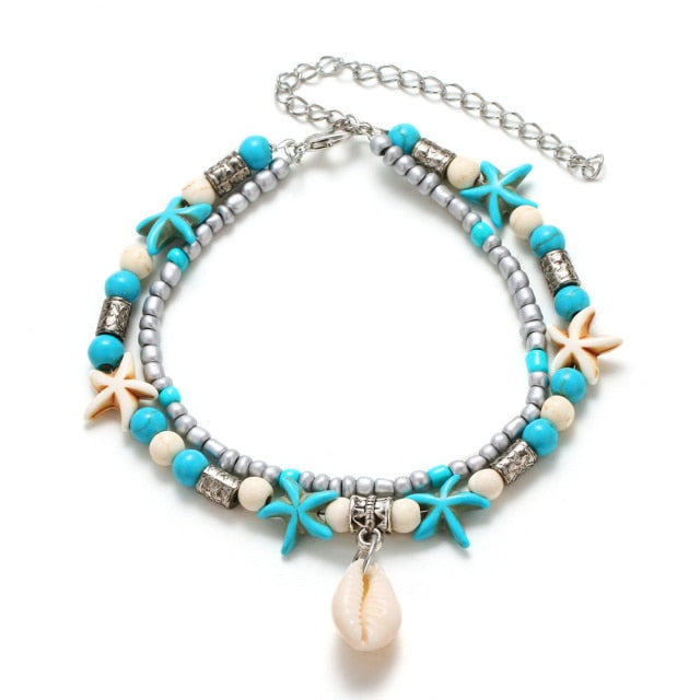Bohemian Dual Layered Starfish Shell Anklet