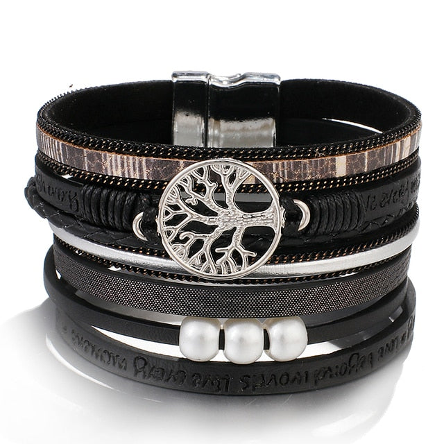 Tree of Life Leather Faux Pearl Bracelet