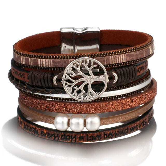Tree of Life Leather Faux Pearl Bracelet