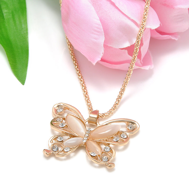 Rose Gold Acrylic Crystal Butterfly Pendant Necklace