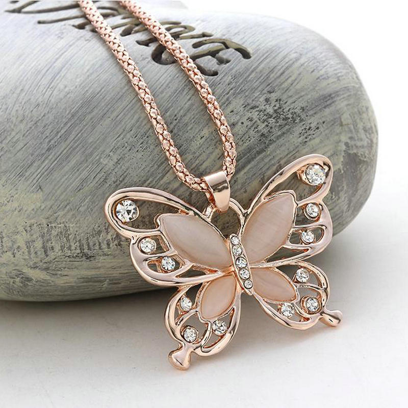 Rose Gold Acrylic Crystal Butterfly Pendant Necklace