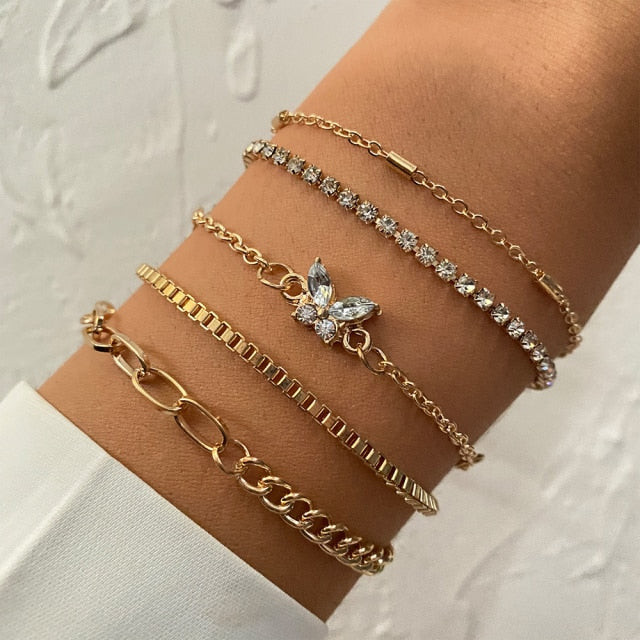 5 Pcs/Set Punk Gold Crystal Thick Chain Bracelet/Anklet