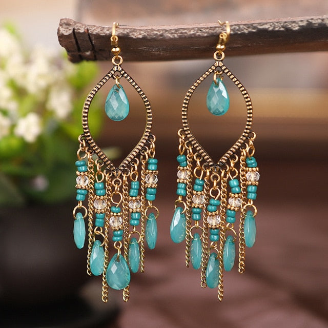 Bohemian Gold Plated Water Drop Tassel Earrings