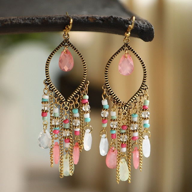 Bohemian Gold Plated Water Drop Tassel Earrings