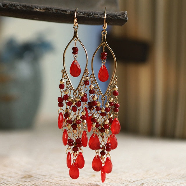 Bohemian Gold Plated Water Drop Tassel Earrings