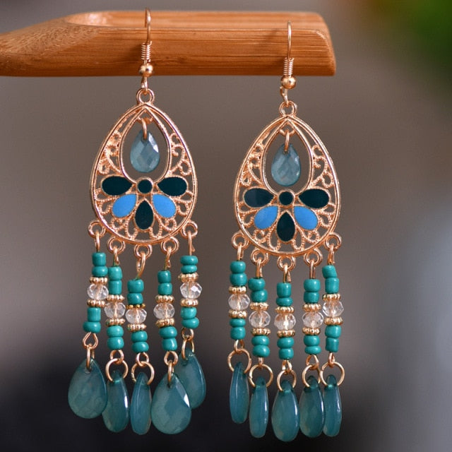 Bohemian Gold Plated Water Drop Tassel Earrings