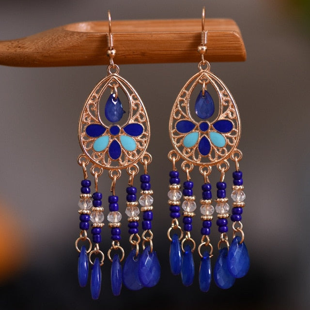 Bohemian Gold Plated Water Drop Tassel Earrings