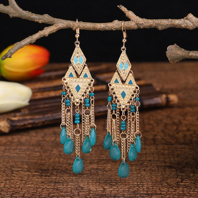 Bohemian Gold Plated Water Drop Tassel Earrings